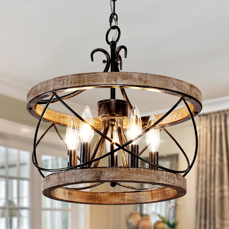 Reback 5 - Light Drum Solid Wood Chandelier with Metal Accents